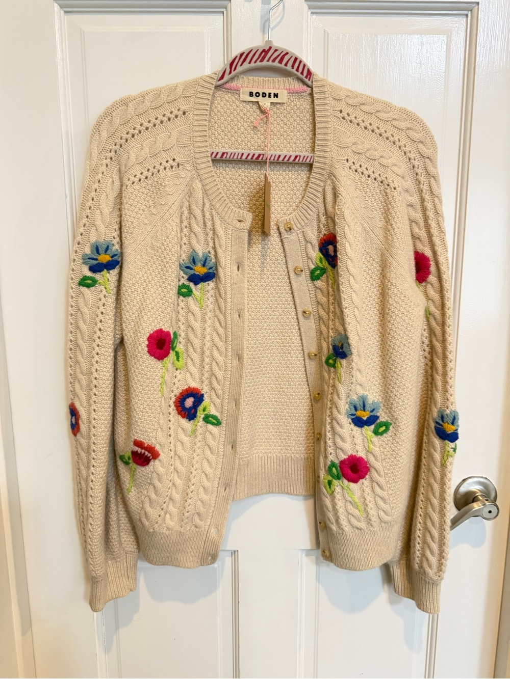 Boden Cream Embroidered Floral Cable-Knit Cardigan Sweater NWT Size M - Picture 5 of 8